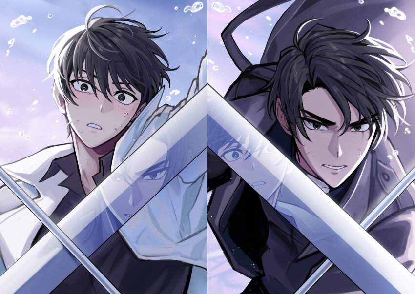 2boys black_coat black_eyes black_hair black_shirt clenched_teeth coat collared_shirt comic_panel_redraw curtained_hair derivative_work highres holding holding_sword holding_weapon keomikan kim_dokja male_focus multiple_boys omniscient_reader's_viewpoint open_clothes open_coat popped_collar pov reflection scar scar_across_eye scar_on_face shirt short_hair split_screen sweatdrop sword teeth upper_body weapon white_coat wide-eyed yoo_joonghyuk