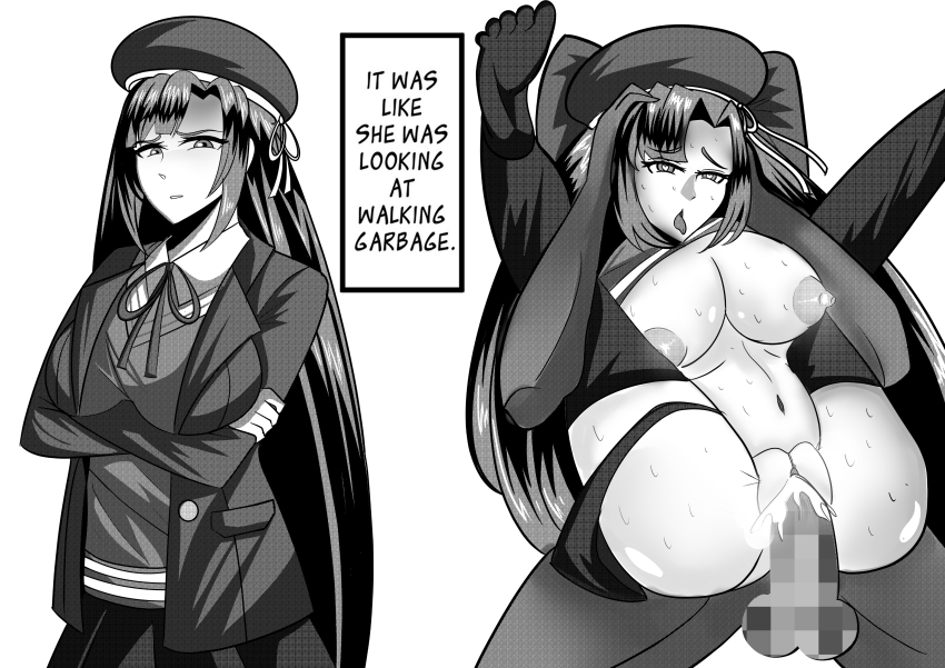 1girl absurdres banmin banmin_chan beret black_hair breasts colored_skin eyeshadow eyeshadow_under_eye hat highres hime_cut large_breasts lipstick long_hair makeup mole nipples red_eyes sex thick_thighs thighs virtual_youtuber white_skin