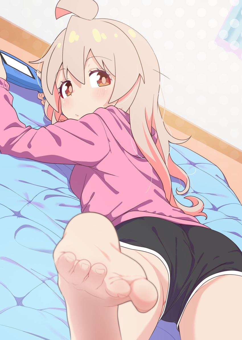1girl absurdres barefoot black_shorts blush breasts brown_eyes brown_hair colored_inner_hair eyelashes feet foot_focus foreshortening hair_between_eyes handheld_game_console highres hood hoodie loli long_hair long_sleeves looking_back lying multicolored_hair on_stomach onii-chan_wa_oshimai! oyama_mahiro partially_visible_vulva pink_hair pink_hoodie shadow shiina_excel short_shorts shorts small_breasts soles solo thighs toes