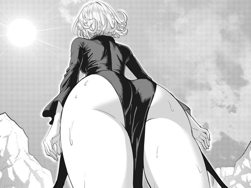 1girl ass ass_focus back curly_hair dress greyscale h_lab1 hashtag-only_commentary highres huge_ass looking_back monochrome naked_dress no_panties one-punch_man petite solo tatsumaki