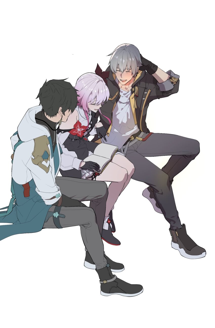 1girl 2boys arm_behind_head black_hair book book_on_lap caelus_(honkai:_star_rail) closed_eyes commentary_request dan_heng_(honkai:_star_rail) dan_heng_(hunt)_(honkai:_star_rail) dress earrings evernight_(honkai:_star_rail) flower full_body gaeha_is gloves grey_hair happy highres honkai:_star_rail honkai_(series) hood hood_down jacket jewelry korean_commentary march_7th_(honkai:_star_rail) multiple_boys pants pink_hair pointing shirt shoes single_bare_shoulder single_earring smile thigh_strap trailblazer_(honkai:_star_rail) white_background