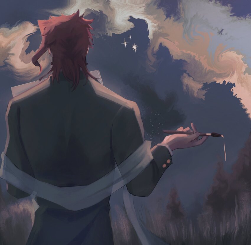 1boy cloud earrings from_behind green_gakuran highres holding holding_paintbrush jewelry jojo_no_kimyou_na_bouken kakyoin_noriaki kookirani long_sleeves male_focus outdoors paintbrush short_hair solo star_(sky) stardust_crusaders upper_body