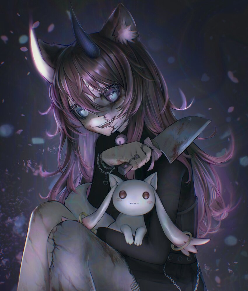 1girl :3 absurdres animal_ear_fluff animal_ears black_shirt blood blood_on_face blood_on_leg bloody_knife blue_eyes cat_ears cat_girl commentary creature evil_smile hair_between_eyes highres holding holding_knife horns jewelry knife kyubey long_hair long_sleeves looking_at_viewer mahou_shoujo_madoka_magica mdm4 multiple_rings open_mouth original purple_hair ring shirt sitting smile symbol-only_commentary