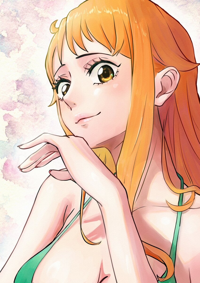 1girl bare_shoulders bikini breasts brown_eyes cleavage closed_mouth collarbone commentary_request eyelashes green_bikini hair_behind_ear halterneck highres hutarikiri2025 large_breasts lipgloss lips long_hair looking_at_viewer nami_(one_piece) one_piece orange_hair orange_nails pink_lips sidelocks solo swimsuit upper_body