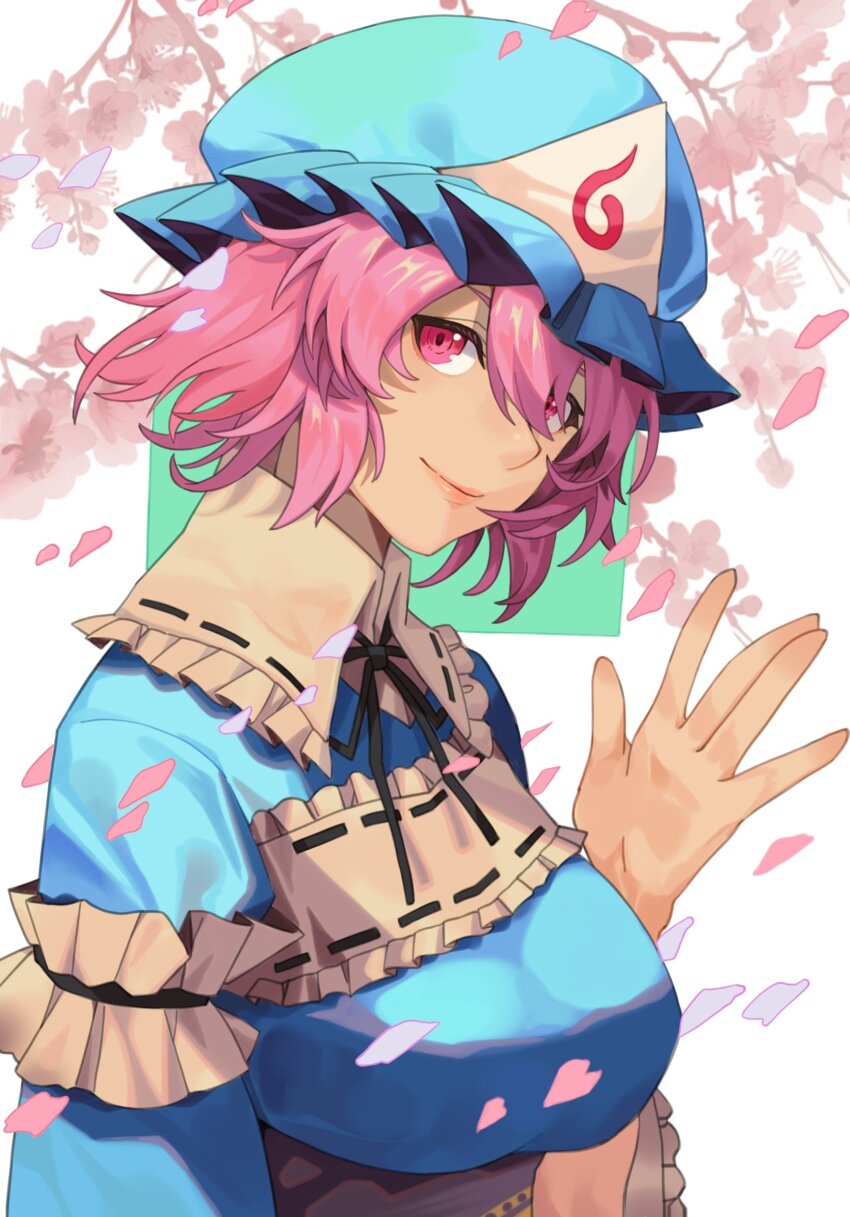 1girl black_ribbon blue_hat blue_kimono breasts cherry_blossoms closed_mouth falling_petals frilled_kimono frills hat highres japanese_clothes kimono large_breasts looking_at_viewer mob_cap neck_ribbon onionmay petals pink_eyes pink_hair pink_petals ribbon saigyouji_yuyuko short_hair sleeve_garter smile solo touhou triangular_headpiece