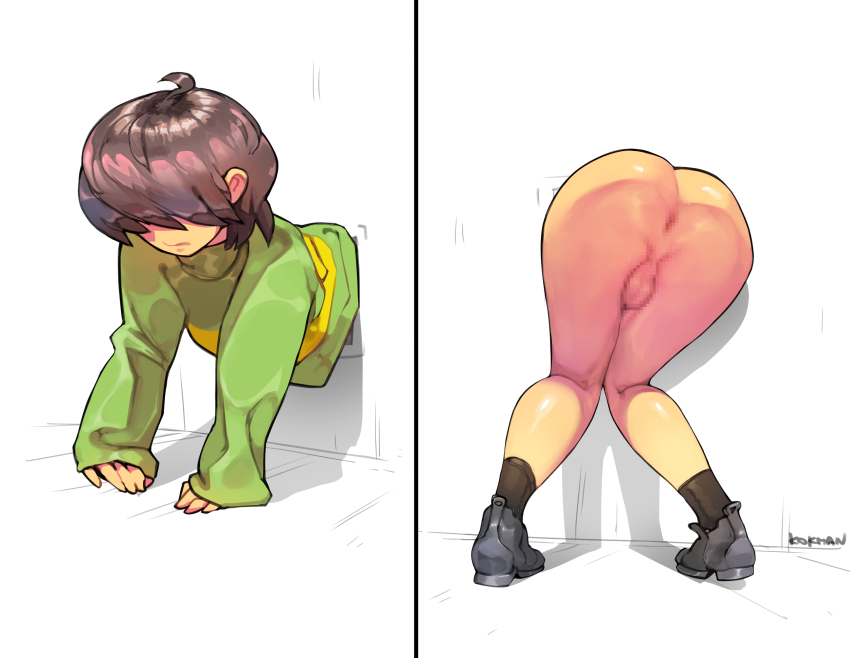 1boy ahoge anus ass black_shoes bottomless brown_hair censored colored_skin deltarune expressionless genderswap genderswap_(otm) green_sweater hair_over_eyes hands_on_ground highres knees_together_feet_apart kokman kris_(deltarune) long_sleeves male_focus mosaic_censoring shoes short_hair sleeves_past_wrists stuck sweater testicles through_wall trap utdr_(toby_fox) yellow_skin