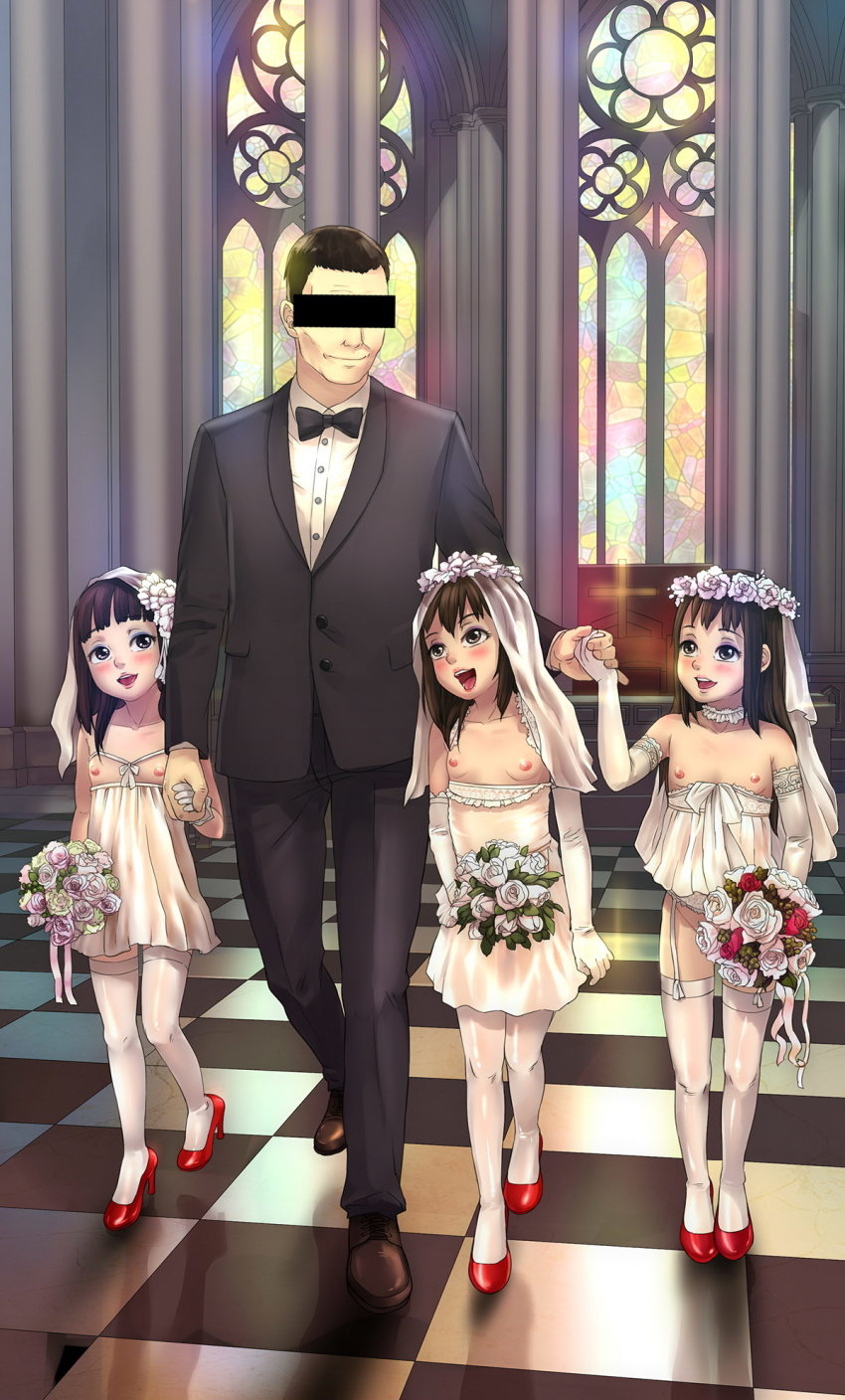 1boy 3girls a-801 age_difference bare_shoulders black_hair black_suit blush bouquet bow bowtie breasts bridal_veil bride brown_eyes brown_hair censored censored_identity choker collar collarbone convenient_censoring dress elbow_gloves eyelashes eyeliner eyeshadow flat_chest flower flower_wreath forehead formal_clothes frilled_collar frills full_body garter_belt garter_straps gloves groin hair_flower hair_ornament harem high_heels highres hime_cut holding holding_bouquet holding_flower holding_hands indoors lips lipstick loli loli_harem long_hair makeup multiple_girls nipples no_panties nose open_mouth original pink_lips red_shoes shiny_skin shoes short_hair small_breasts smile standing suit teeth thighhighs tile_floor tiles tongue upper_teeth_only veil walking wedding_dress white_dress white_gloves white_thighhighs window