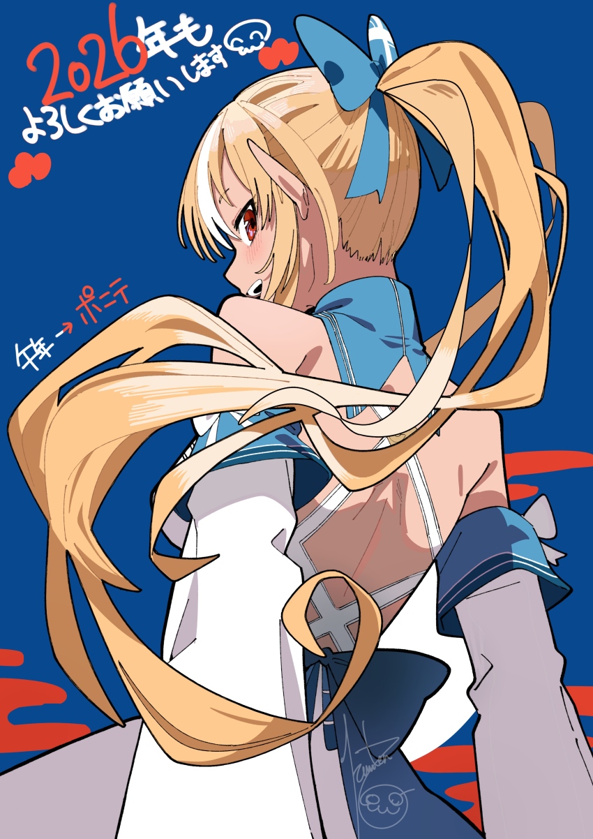 1girl absurdres bare_shoulders blonde_hair blue_eyes commentary_request cowboy_shot dark_elf detached_sleeves elf from_behind hanten_(hantennano) high_ponytail highres hololive looking_at_viewer looking_back multicolored_hair pointy_ears ponytail shiranui_flare simple_background solo streaked_hair two-tone_hair virtual_youtuber white_hair
