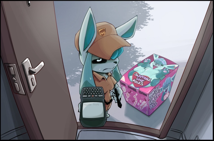 1girl ahegao animal_ears barefoot black_border black_sclera blue_eyes blue_fur blue_hair body_fur border box breasts brown_hat brown_shirt brown_shorts closed_mouth collared_shirt colored_sclera commentary delivery disgust door doorway employee_uniform english_commentary english_text furry furry_female gen_4_pokemon glaceon hair_over_one_eye hat highres looking_at_viewer looking_up lying mole mole_under_eye nintendo on_back open_door package personification pokemon pokemon_(creature) pov pov_doorway sex_doll shirt short_sleeves shorts shoutingisfun solo_focus spread_legs standing sweat tongue tongue_out twintails two-tone_fur uwu wince
