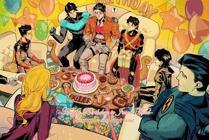 alfred_pennyworth bat_signal batgirl batman batman_(series) batman_symbol black_bodysuit black_hair blue_eyes bodysuit bruce_wayne cassandra_cain cryinggyarados dc_comics dick_grayson family grey_bodysuit happy_birthday highres jason_todd multicolored_bodysuit muscular muscular_male nightwing red_hood_(dc) red_robin robin_(dc) sample_watermark short_hair stephanie_brown superhero_costume taut_bodysuit tim_drake two-tone_bodysuit watermark
