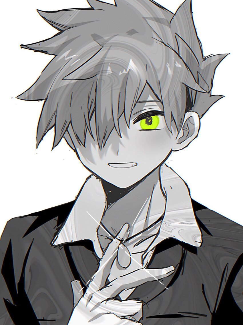 1boy arm_up blue_oak collared_jacket commentary hair_over_one_eye highres jacket jewelry male_focus necklace nintendo one_eye_covered parted_bangs pendant pk_rgr96 pokemon pokemon_hgss short_hair simple_background smile solo spiked_hair spot_color symbol-only_commentary upper_body white_background yellow_eyes