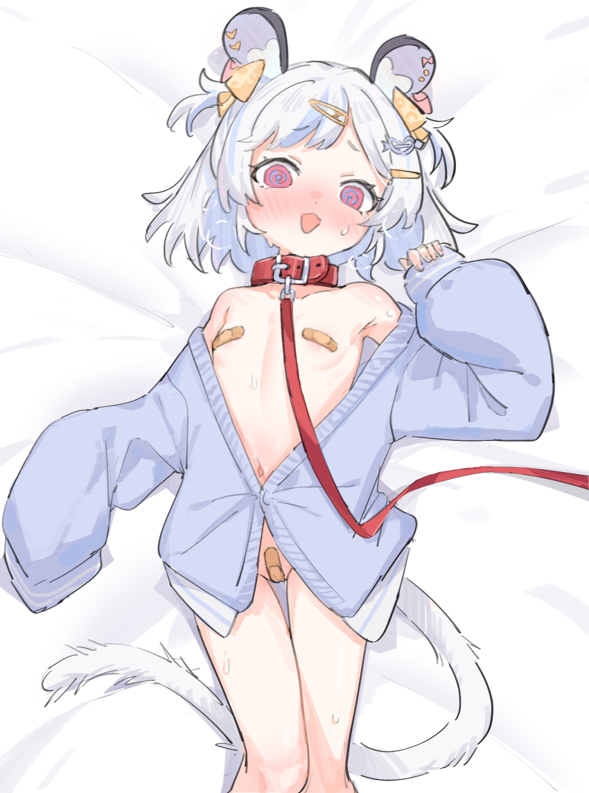 1girl @_@ animal_ears bandaid bandaid_on_pussy bandaids_on_nipples bdsm blue_jacket blush breasts cheese_hair_ornament collar embarrassed erogaki flat_chest food-themed_hair_ornament hair_ornament hairclip indie_virtual_youtuber jacket leash loli long_sleeves looking_at_viewer lying maplesights mouse_ears mouse_girl mouse_tail navel nemimi_yane no_panties no_pants on_back on_bed open_clothes open_mouth pasties red_collar red_eyes short_hair slave small_breasts solo sweat sweatdrop tail virtual_youtuber white_hair