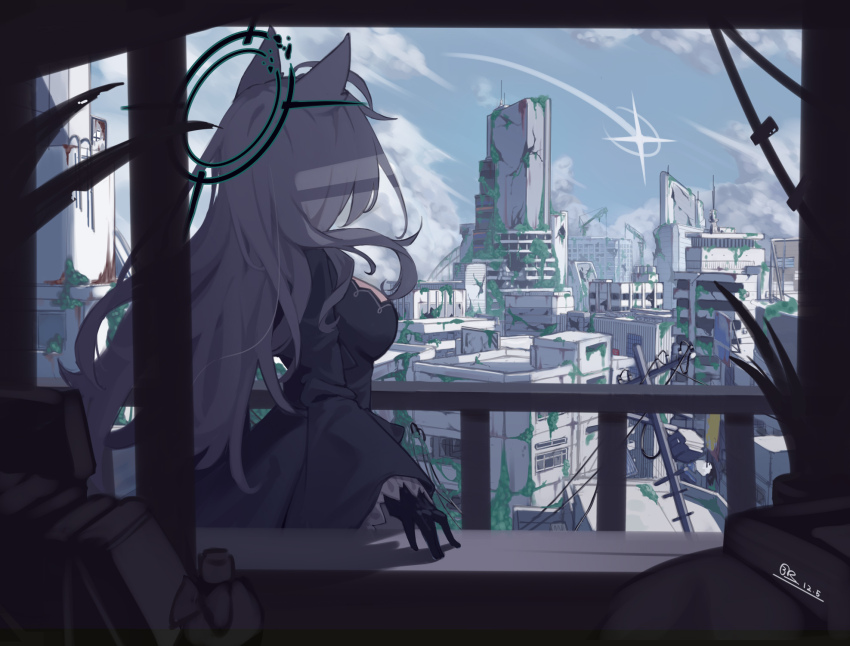 1girl ahoge animal_ears black_dress black_gloves black_halo blue_archive blue_sky boki-jg breasts broken_halo building city cloud commentary day dilapidated dress facing_away from_inside from_side gloves grey_hair halo highres long_hair long_sleeves looking_ahead medium_breasts overgrown power_lines railing ruins shiroko_terror_(blue_archive) shooting_star signature sky skyscraper solo symbol-only_commentary urban utility_pole wide_sleeves wolf_ears wolf_girl