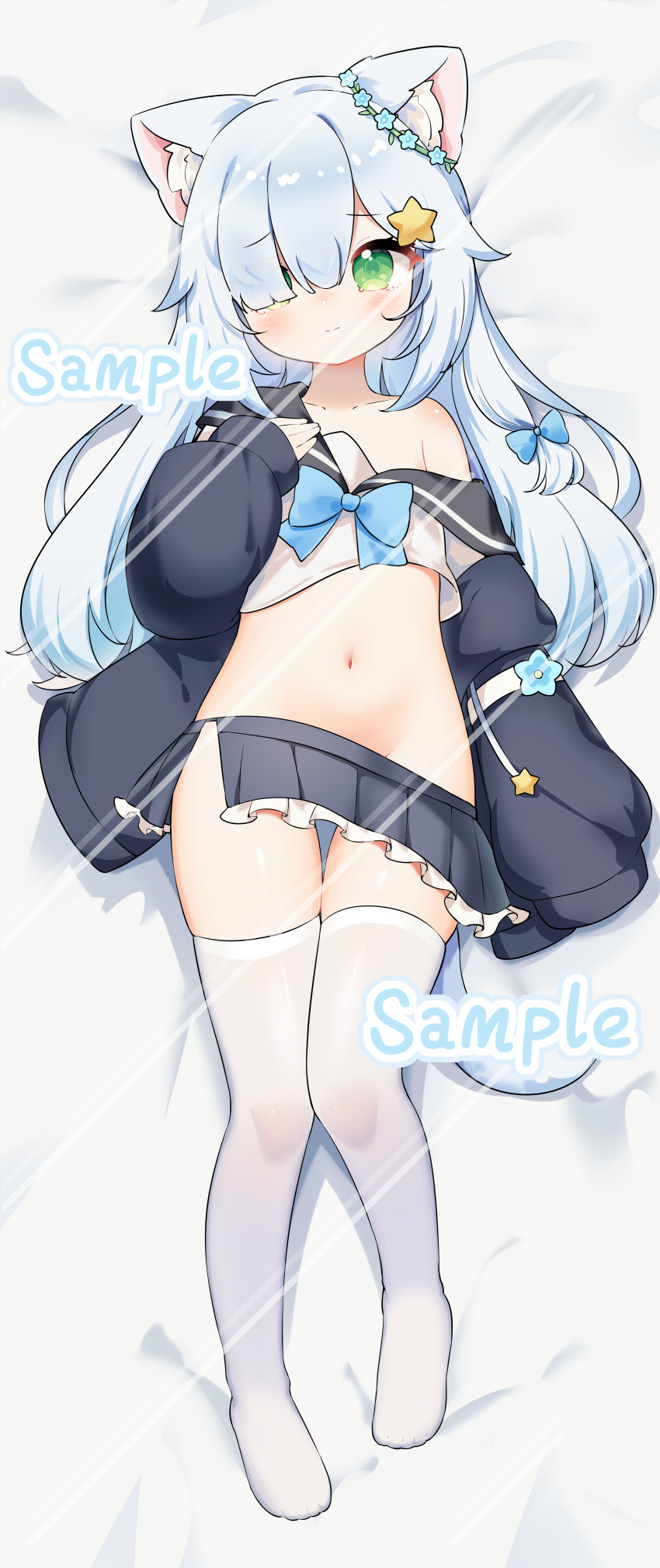1girl absurdres animal_ear_fluff animal_ears bed_sheet black_jacket black_sailor_collar black_skirt blue_bow blue_bowtie bow bowtie cat_ears cat_girl cat_tail collarbone commentary_request commission dakimakura_(medium) ear_wreath embarrassed flower_wreath frilled_skirt frills full_body green_eyes hair_flaps hair_ornament hair_over_one_eye hand_on_own_chest highres jacket light_blush loli long_sleeves looking_at_viewer lying miniskirt navel no_panties no_shoes on_back open_clothes open_jacket original sailor_collar sample_watermark school_uniform shirt sidelocks single_bare_shoulder skirt sleeves_past_wrists solo star_(symbol) star_hair_ornament stomach tail thighhighs tian_yang unzipped watermark watermark_grid white_hair white_shirt white_thighhighs