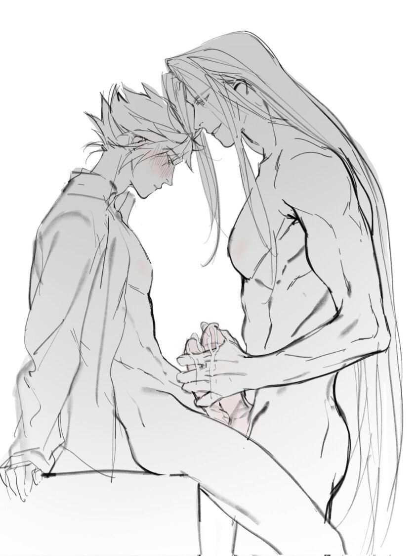 2boys arm_support blush chinese_commentary cloud_strife collared_shirt completely_nude final_fantasy final_fantasy_vii from_side frottage half-closed_eyes hand_on_own_penis handjob highres long_bangs long_hair long_sleeves looking_at_another male_focus monochrome multiple_boys nude open_clothes open_shirt parted_bangs penis penis_size_difference penises_touching sephiroth shirt short_hair sitting sketch spiked_hair spot_color toned toned_male upper_body very_long_hair white_background xianyu314 yaoi