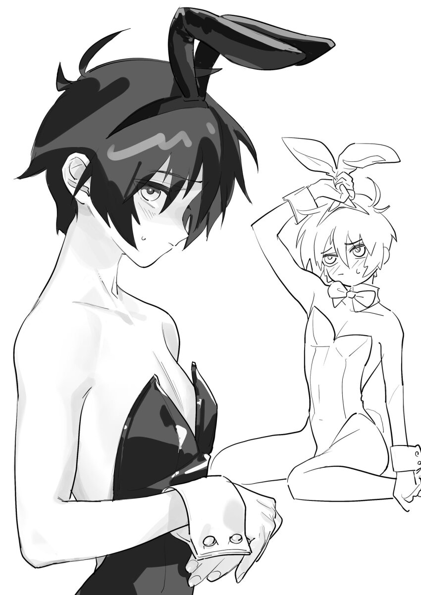 1boy animal_ear_hairband animal_ears bow bowtie closed_mouth detached_collar fake_animal_ears greyscale gundam gundam_seed gundam_seed_destiny hair_between_eyes hairband highres leotard light_blush looking_at_viewer male_focus monochrome multiple_views rabbit_ear_hairband rabbit_ears shinn_asuka short_hair simple_background sitting sketch strapless strapless_leotard tokumei_wombat upper_body white_background wrist_cuffs
