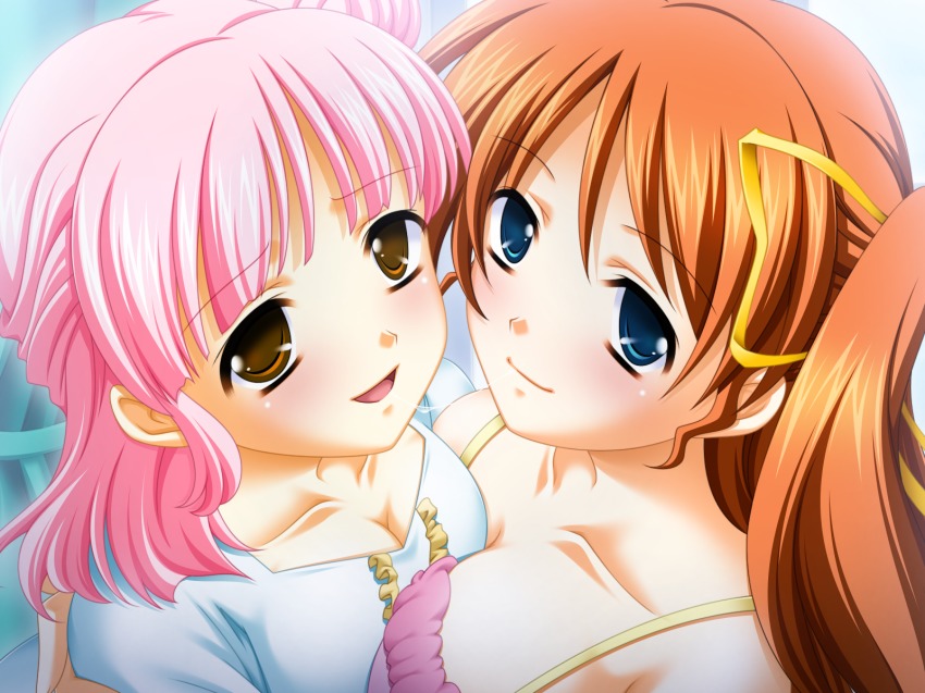 2girls blue_eyes blush breast_press breasts brown_eyes brown_hair cleavage bad_tag clothes game_cg highres multiple_girls oshikake!_entremets_(game) pink_hair