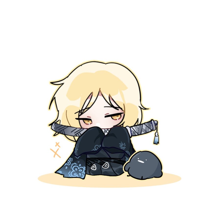 1boy alternate_costume bird black_bird black_hakama black_kimono black_sleeves blonde_hair chibi chibi_only commentary floral_print floral_print_kimono full_body furisode gre_gre3 hakama hakama_pants highres holding holding_sword holding_weapon japanese_clothes kimono limbus_company male_focus pants parted_bangs pleated_pants print_kimono project_moon seiza sheath sheathed sinclair_(project_moon) sitting sleeves_past_fingers sleeves_past_wrists solo sword symbol-only_commentary tassel weapon weapon_to_mouth white_background yellow_eyes