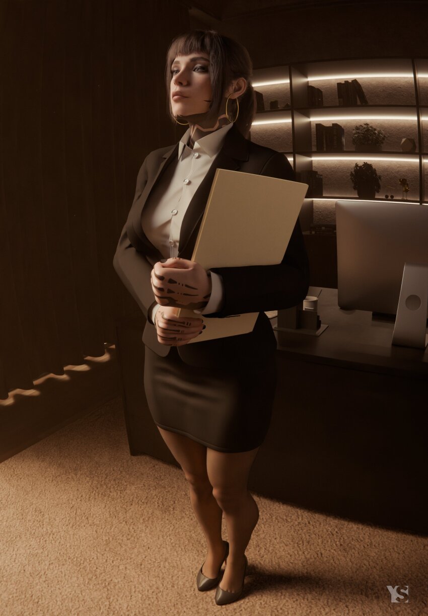 1girl 3d absurdres basketball_hoop black_hair black_jacket black_shoes black_skirt brown_eyes call_of_duty call_of_duty:_black_ops_7 collared_shirt commentary emma_kagan english_commentary full_body high_heels highres indoors jacket long_hair monitor neck_tattoo office_lady shirt shoes skirt solo standing tattoo white_shirt youngiesed