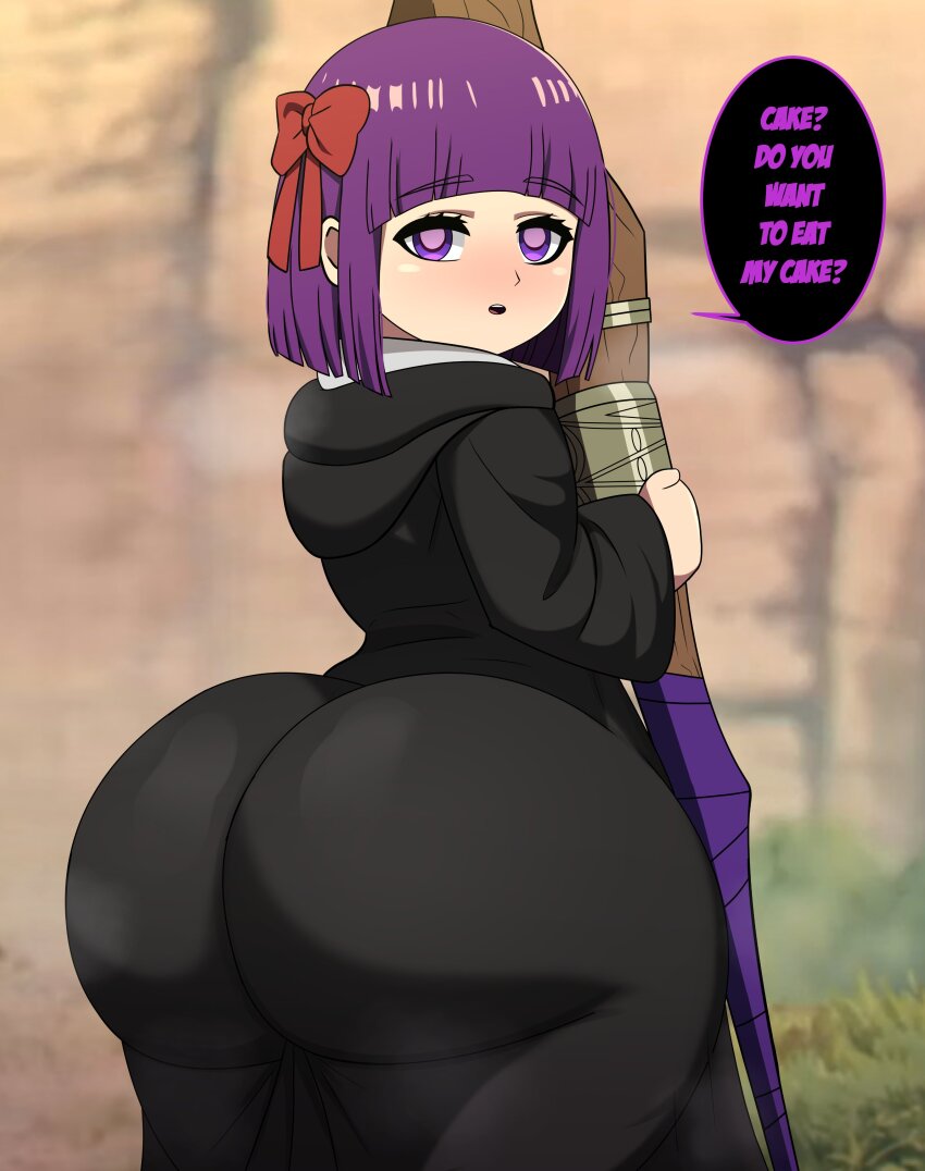 1girl absurdres age_difference aged_down ass ass_focus blush cowboy_shot dress english_text expressionless female_focus fern_(sousou_no_frieren) from_behind hair_ornament hair_ribbon highres holding holding_staff huge_ass kibou-kage kyojiri_loli loli looking_at_viewer medium_hair purple_eyes purple_hair ribbon solo sousou_no_frieren speech_bubble staff standing steam steaming_body thighs