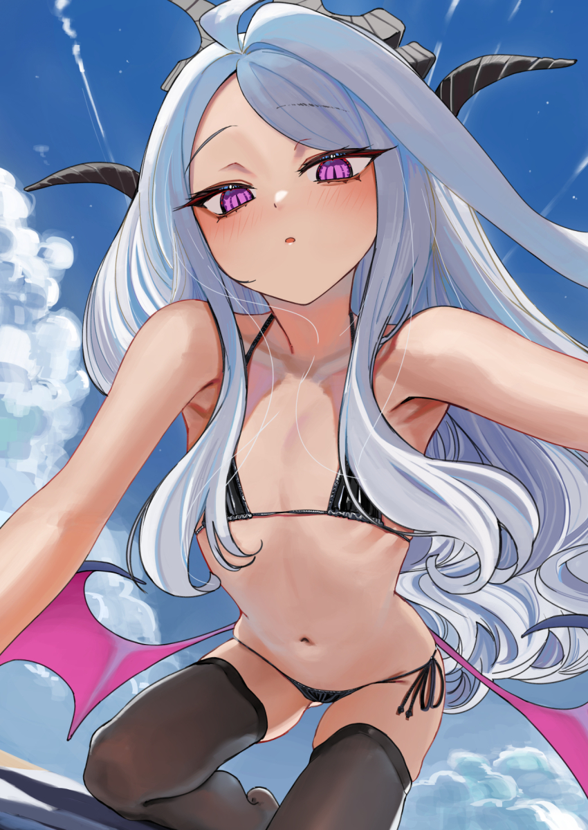 1girl ahoge bare_shoulders bikini black_bikini blue_archive blue_sky blush brown_thighhighs chen_bingyou flat_chest forehead halo highres hina_(blue_archive) horns loli long_hair looking_at_viewer multiple_horns navel parted_bangs purple_eyes sky solo swimsuit thighhighs white_hair wings