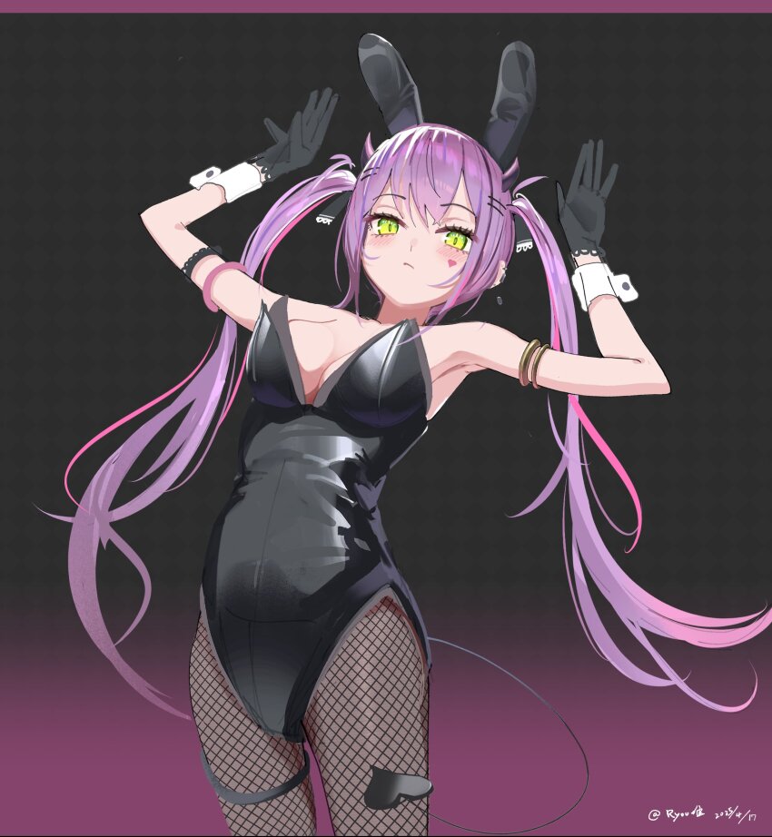 1girl absurdres animal_ears armpits bare_shoulders black_gloves black_leotard breasts closed_mouth commentary fake_animal_ears gloves heart heart_tattoo highres hololive large_breasts leotard long_hair playboy_bunny purple_hair rabbit_ears rabbit_pose ryou_(hk02025) solo standing tattoo tokoyami_towa twintails twitter_username very_long_hair virtual_youtuber