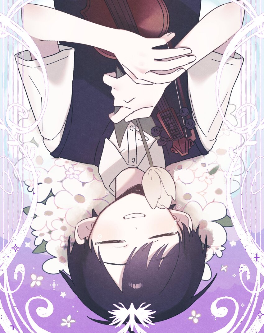 1boy absurdres antenna_hair black_hair black_sweater_vest bow_(music) closed_eyes collared_shirt flower highres holding holding_bow_(music) holding_flower holding_instrument holding_violin instrument male_focus mqd0rl omori parted_lips shirt short_hair short_sleeves smile solo sunny_(omori) sweater_vest tulip upper_body upside-down violin white_flower white_shirt white_tulip