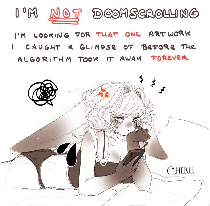 1girl absurdres animal_ears black_panties blush breasts cheru_(cheruleanart) cleavage commentary elbow_rest english_text frustrated head_rest highres holding holding_phone limited_palette looking_at_phone lying medium_breasts medium_hair on_stomach original panties phone pillow rabbit_ears shoulder_blush sketch solo symbol-only_commentary under_covers underwear underwear_only white_eyes white_hair