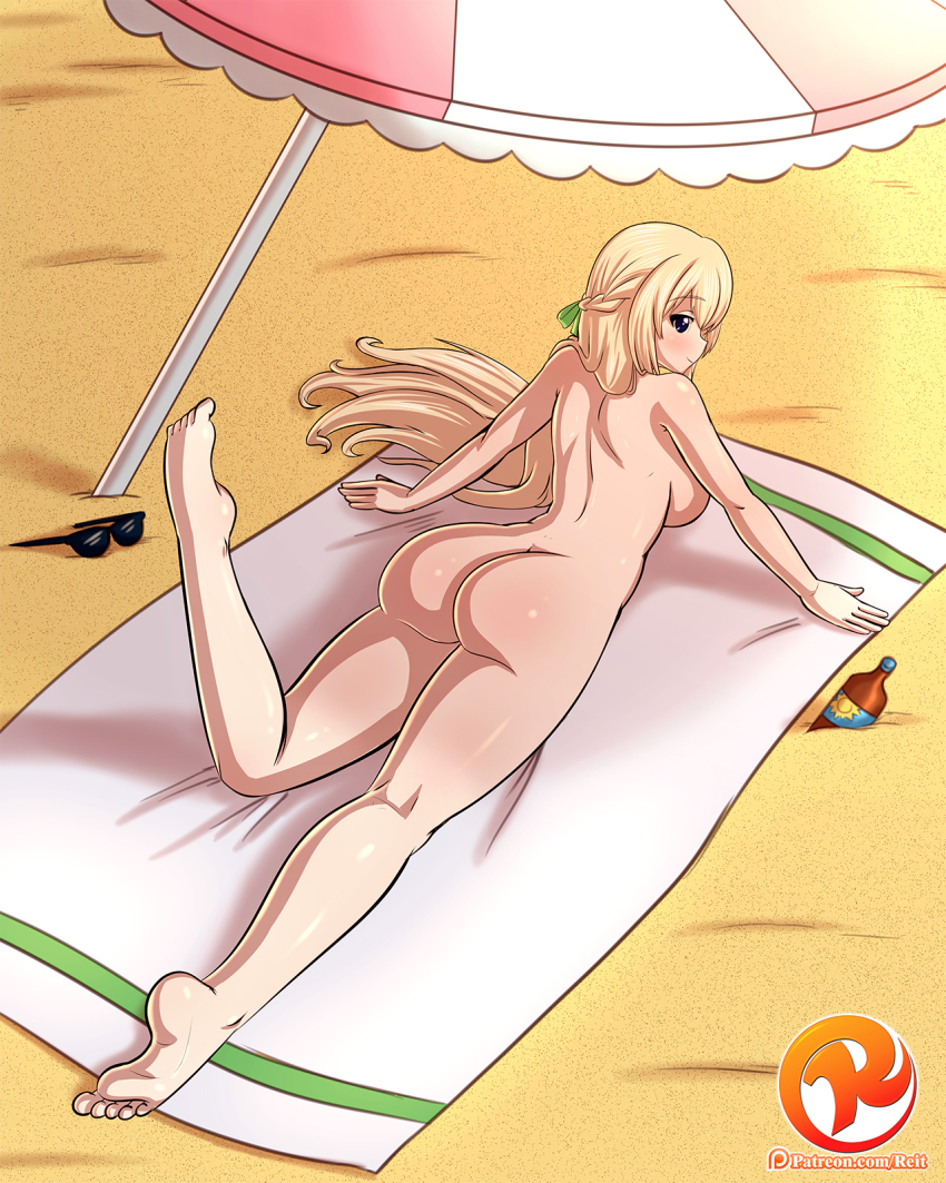 1girl ass barefoot beach blonde_hair blush breasts female_focus highres large_breasts long_hair lotion lying neptune_(series) nude nude_beach on_stomach reit sand smile solo sunbathing sunglasses sunglasses_removed sunscreen the_pose towel umbrella unworn_eyewear vert_(neptunia)