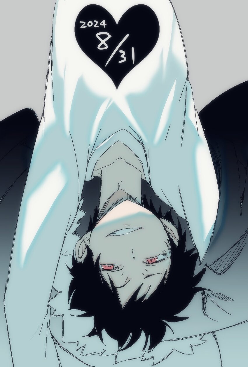 1boy 2024 arms_up birthday black_hair black_jacket cape coat collarbone dated durarara!! fur-trimmed_coat fur-trimmed_jacket fur_trim grey_background grin happy_birthday hashtag-only_commentary heart heart_print highres jacket long_sleeves looking_at_viewer male_focus orihara_izaya pa_yashi red_eyes shirt short_hair simple_background smile smirk solo teeth upper_body upside-down white_shirt