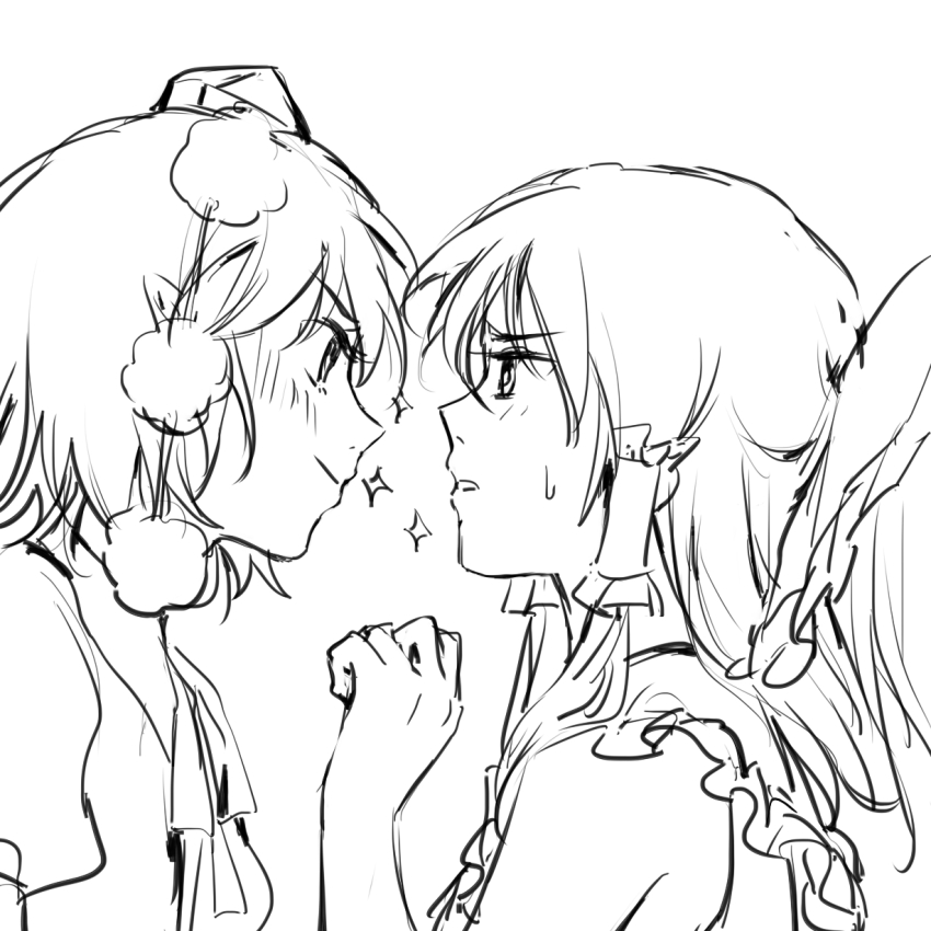 2girls aihara-rina blush bow chinese_commentary closed_mouth commentary_request eye_contact frilled_bow frilled_hair_tubes frills greyscale hair_bow hair_tubes hakurei_reimu hat highres looking_at_another monochrome multiple_girls open_mouth pointy_ears pom_pom_(clothes) shameimaru_aya shirt sketch smile sweatdrop tokin_hat touhou yuri