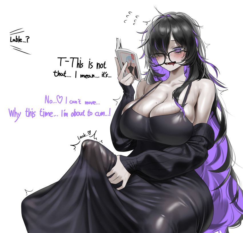 1girl absurdres armpit_crease bags_under_eyes bare_shoulders black-framed_eyewear black_cardigan black_dress black_hair blush book breasts cardigan caught cleavage collarbone colored_inner_hair commentary commentary_request covered_penis dress drooling english_commentary english_text feet_out_of_frame flying_sweatdrops futanari futanari_masturbation glasses goddess_of_victory:_nikke hair_over_one_eye hand_up heart highres holding holding_book huge_penis invisible_chair korean_commentary label_(nikke) large_breasts long_dress long_hair long_sleeves looking_at_viewer looking_over_eyewear masturbation masturbation_through_clothes messy_hair mixed-language_commentary mole mole_on_breast motion_lines mouth_drool multicolored_hair norunollu off_shoulder open_book open_cardigan open_clothes paid_reward_available pale_skin penis pornography precum precum_through_clothes purple_eyes purple_hair saliva simple_background single_sidelock sitting skindentation sleeves_past_wrists solo spaghetti_strap spread_legs strap_gap sweat twitching two-tone_hair very_long_hair wavy_mouth white_background