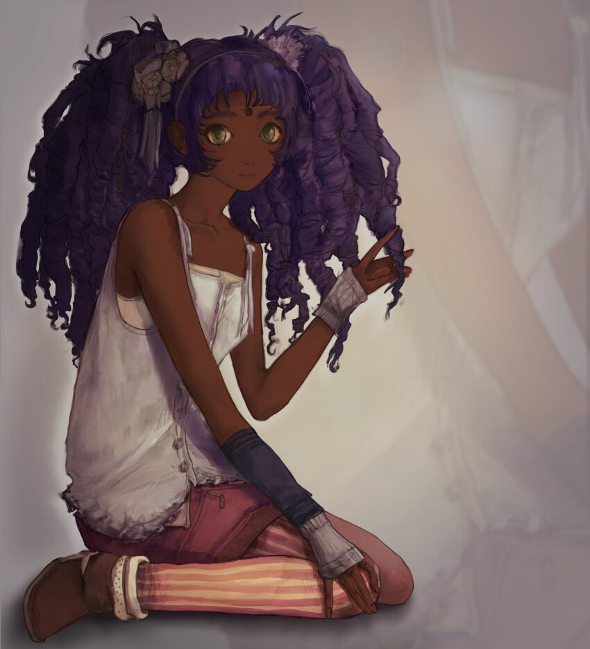 1girl alternate_costume arm_warmers bindi boots brown_boots commentary dark-skinned_female dark_skin green_eyes grey_hairband hairband highres himemiya_anthy legacyquasar618 long_hair pantyhose pink_skirt ringlets shoujo_kakumei_utena single_leg_pantyhose sitting skirt striped_clothes striped_pantyhose tank_top twintails vertical-striped_clothes vertical-striped_pantyhose wariza white_tank_top zoom_layer