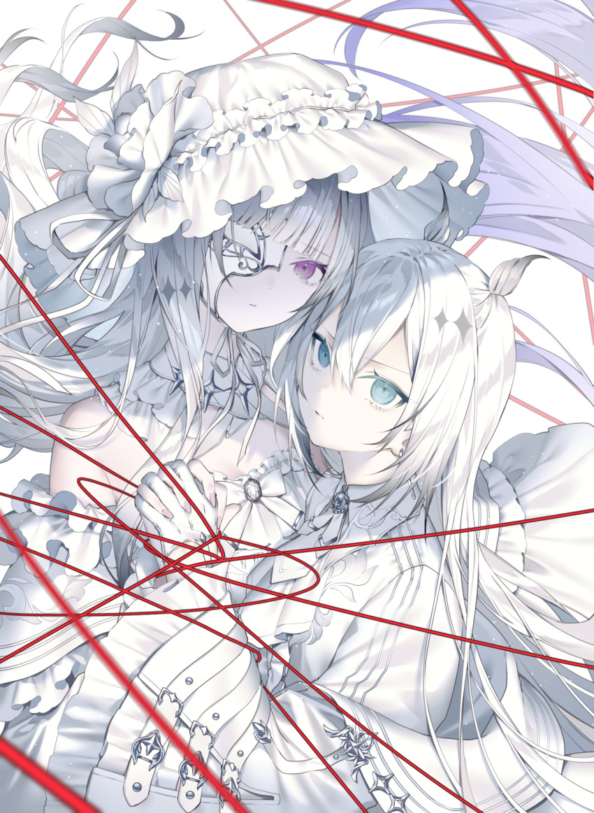 2girls absurdly_long_hair blue_eyes commentary_request cover cover_page eyepatch gloves gradient_hair highres holding_hands kotarou_(kot_mochi) long_hair looking_at_viewer multicolored_hair multiple_girls novel_cover novel_illustration official_art original purple_eyes purple_hair simple_background string string_of_fate upper_body very_long_hair white_background white_gloves white_hair