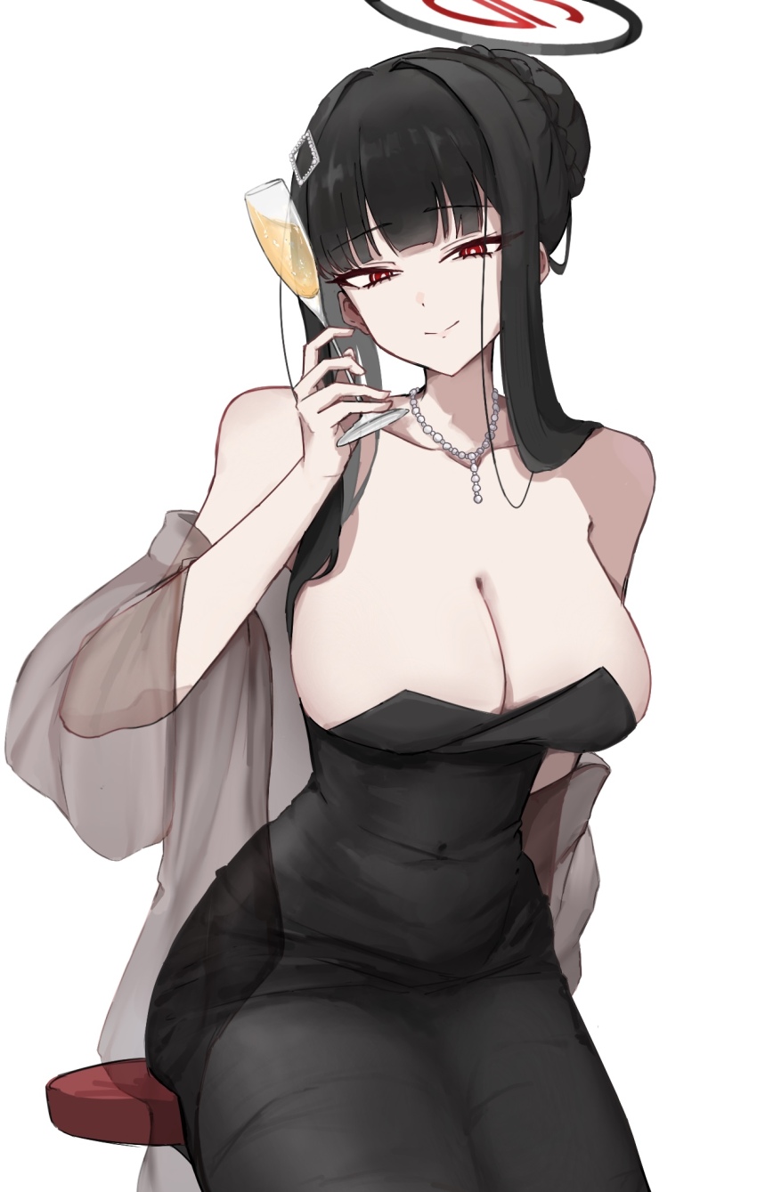 1girl asval bare_shoulders bead_necklace beads black_dress black_hair blue_archive breasts champagne_flute cleavage commentary_request cup dress drinking_glass hair_ornament halo highres holding holding_cup jewelry large_breasts long_hair looking_at_viewer necklace red_eyes ringed_eyes rio_(blue_archive) rio_(dress)_(blue_archive) simple_background sitting sleeveless sleeveless_dress smile solo stool white_background