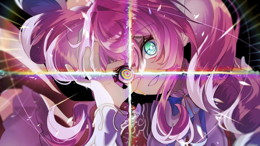 1girl bow green_eyes hand_up highres honkai:_star_rail honkai_(series) hyacine_(honkai:_star_rail) long_hair long_sleeves looking_at_viewer multicolored_eyes oekakidekinai1 pink_eyes pink_hair smile split_screen split_theme twintails