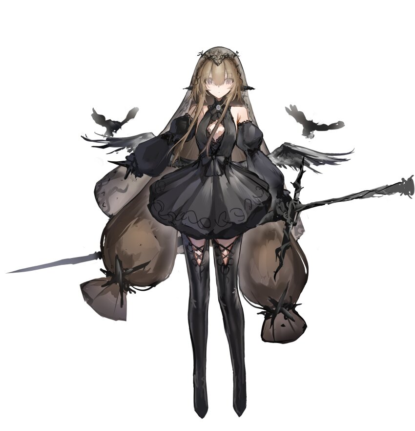 1girl absurdres bare_shoulders black_boots black_dress black_ribbon black_sleeves black_wings boots brown_hair detached_sleeves dress full_body grey_eyes grey_veil highres holding holding_sword holding_weapon long_hair lump_saury neck_ribbon original ribbon simple_background sleeveless sleeveless_dress solo sword tachi-e thigh_boots twintails veil very_long_hair weapon white_background wings