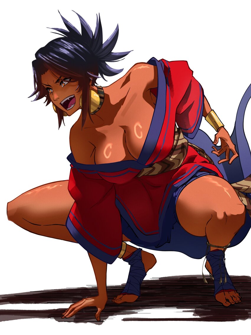 1girl anklet apukunapa_kutimuynin armpit_crease armpit_peek armpits bandaged_foot bandages bare_legs bare_shoulders barefoot black_hair bracelet breasts choker cleavage collarbone dark-skinned_female dark_skin dress earrings feet female_focus flowing_dress full_body gold_anklet gold_bracelet gold_earrings hand_on_ground highres jewelry large_breasts large_earrings nina_(apukunapa_kutimuynin) no_bra no_pants no_shoes off-shoulder_dress off_shoulder open_clothes orange_eyes peruvian_clothes peruvian_female pointy_hair ponytail red_dress ririvart sash shadow sharp_teeth smile solo squatting teeth thick_thighs thighs tiptoes toes tongue v-shaped_eyebrows waist_sash white_background wide_hips wide_sleeves