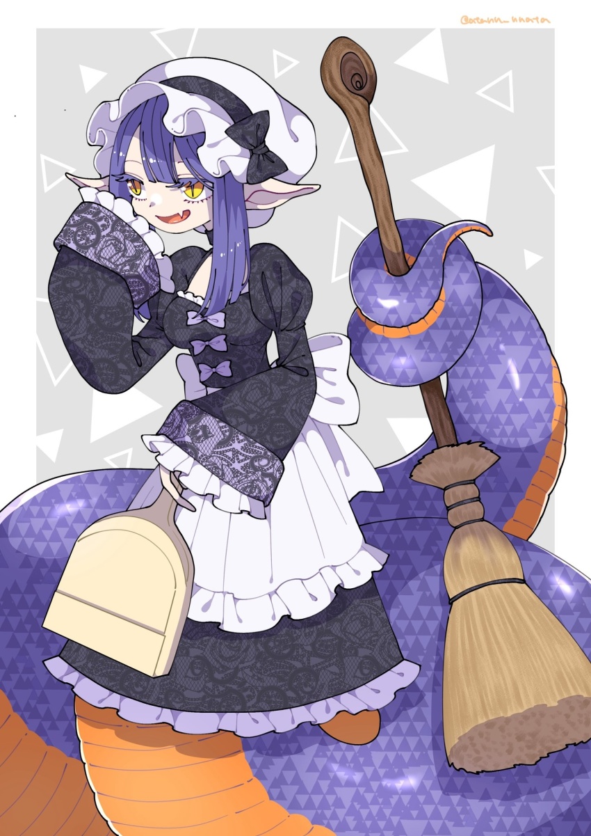 1girl arm_up atann_nnata black_bow black_dress black_ribbon blunt_bangs border bow broom check_copyright colored_skin commentary copyright_request double-parted_bangs dress dustpan fang floral_print frilled_dress frills grey_background hand_on_own_cheek hand_on_own_face hat hat_bow hat_ribbon highres holding holding_broom holding_dustpan holding_with_tail juliet_sleeves lamia long_sleeves maid mob_cap monster_girl open_mouth orange_skin original pointy_ears prehensile_tail puffy_sleeves purple_bow purple_hair purple_scales purple_trim ribbon shirt_bow short_hair_with_long_locks simple_background skin_fang sleeves_past_fingers sleeves_past_wrists slit_pupils smile solo tail triangle_background twitter_username white_border white_hat wide_sleeves yellow_eyes