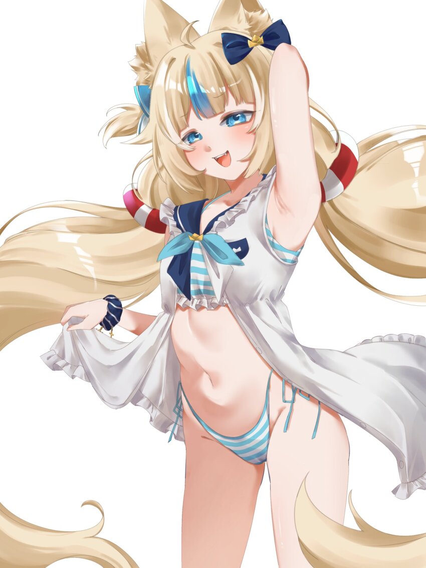 1girl ahoge animal_ears arm_behind_head arm_up armpits bare_shoulders bikini bikini_under_clothes bitemii blonde_hair blue_bikini blue_eyes blue_hair blue_neckerchief blue_sailor_collar blue_scrunchie bow breasts cat_ears cowboy_shot dress fangs furrowed_brow hair_bow highleg highleg_bikini highres indie_virtual_youtuber lifebuoy_hair_ornament loli long_hair low_twintails multicolored_bikini multicolored_hair navel neckerchief no_tail open_clothes open_dress open_mouth sailor_collar sailor_dress sameko_saba sameko_saba_(1st_costume) scrunchie side-tie_bikini_bottom simple_background sleeveless sleeveless_dress small_breasts smile solo stomach streaked_hair striped_bikini striped_clothes swimsuit teeth twintails two-tone_bikini two-tone_hair unbuttoned upper_teeth_only variant_set very_long_hair virtual_youtuber white_background white_dress wrist_scrunchie