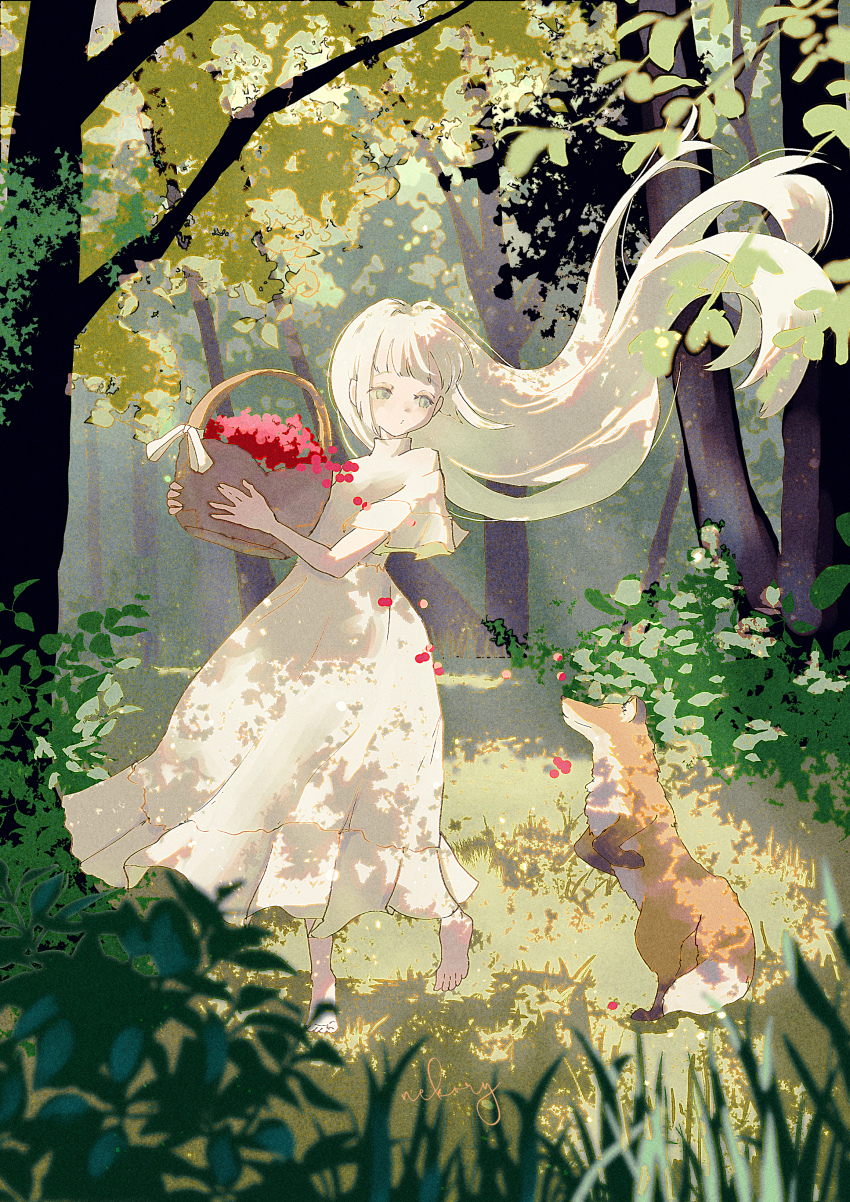 1girl absurdres animal barefoot basket blonde_hair commentary_request dappled_sunlight dress flower flower_basket forest fox full_body green_eyes hair_flowing_over highres holding holding_basket light_particles long_dress long_hair looking_at_another nature nekory o3o original outdoors puffy_sleeves scenery short_sleeves signature sunlight tree tree_shade turtleneck turtleneck_dress very_long_hair white_dress