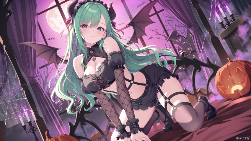 1girl absurdres bare_shoulders bat_(animal) bat_wings bed bedroom blush breasts candle chandelier chest_jewel curtains demon_girl detached_sleeves devil fire fishnets garter_straps gradient_sky green_hair halloween hanging_breasts highres horns jewelry kneeling large_breasts long_hair mole mole_on_breast moon navel night no_bra o-ring pink_sky pumpkin purple_eyes purple_fire see-through_clothes silk skirt sky smile spider_web tail thighhighs virtual_youtuber vspo! window wings yakumo_beni yoshino_ryou