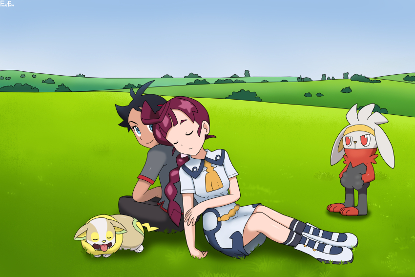 1boy 1girl ahoge androgynous arm_at_side ascot black_hair black_socks blue_eyes boots braid braided_ponytail chloe_(pokemon) closed_eyes couple dark-skinned_male dark_skin day dress fankifalu full_body gen_8_pokemon goh_(pokemon) green_eyes hair_ornament hairclip hands_in_pockets happy highres indian_style long_hair looking_at_another looking_back neck nintendo outdoors pink_hair pokemon pokemon_(anime) pokemon_journeys raboot sailor_dress shirt short_hair short_sleeves sitting sky sleeping socks standing t-shirt tongue tongue_out white_boots white_dress yamper