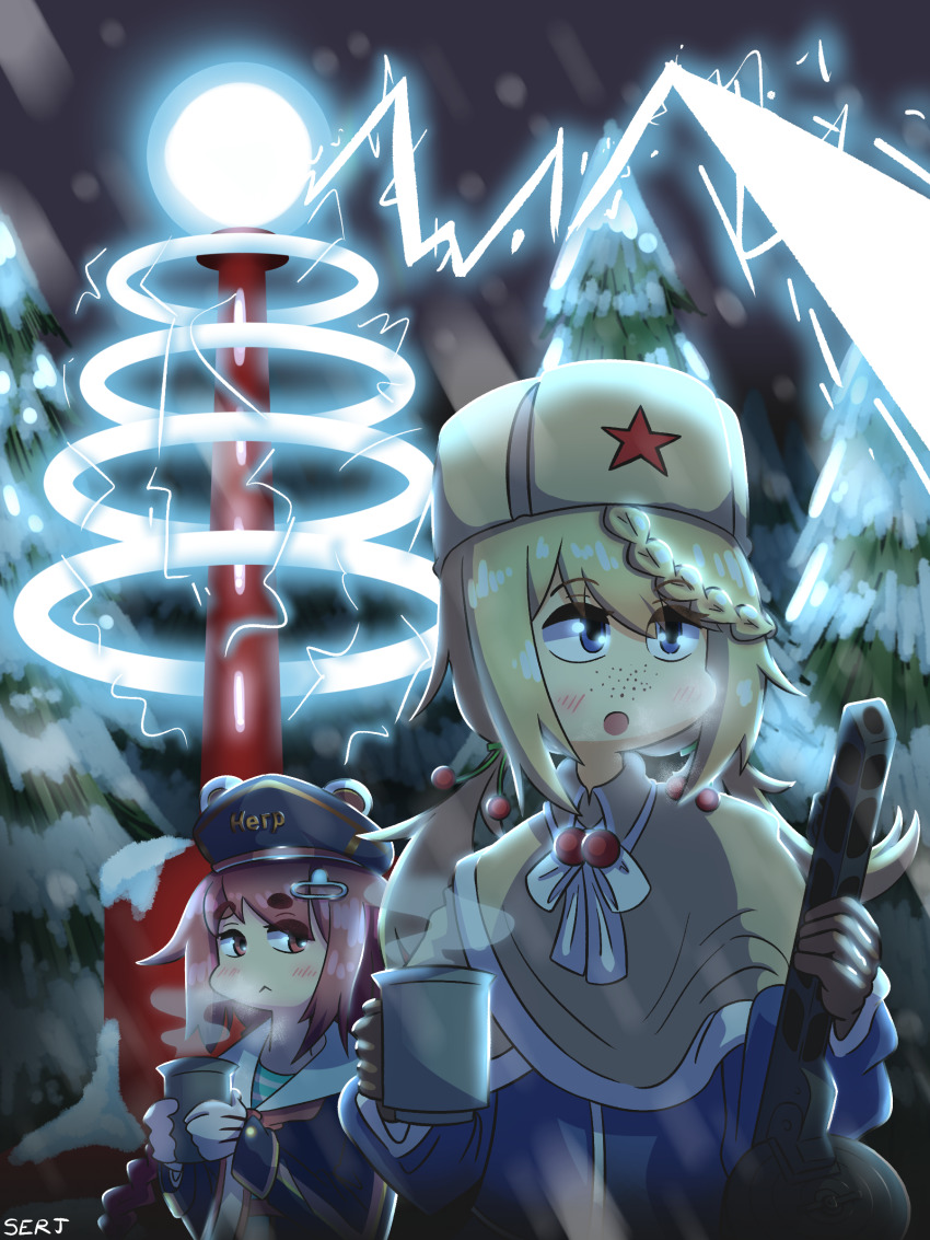 absurdres artist_name blonde_hair blue_eyes blush braid brown_eyes closed_mouth command_&amp;_conquer:_red_alert command_&amp;_conquer expressionless forest girls&#039;_frontline gloves gun hair_ornament hairclip hat highres holding holding_gun holding_weapon long_hair long_sleeves multiple_girls nature open_mouth parody pink_hair pps-43_(girls&#039;_frontline) ppsh-41 ppsh-41_(girls&#039;_frontline) red_star serjatronic shirt snowing star_(symbol) striped_clothes striped_shirt submachine_gun telnyashka tesla_coil tree upper_body weapon white_gloves