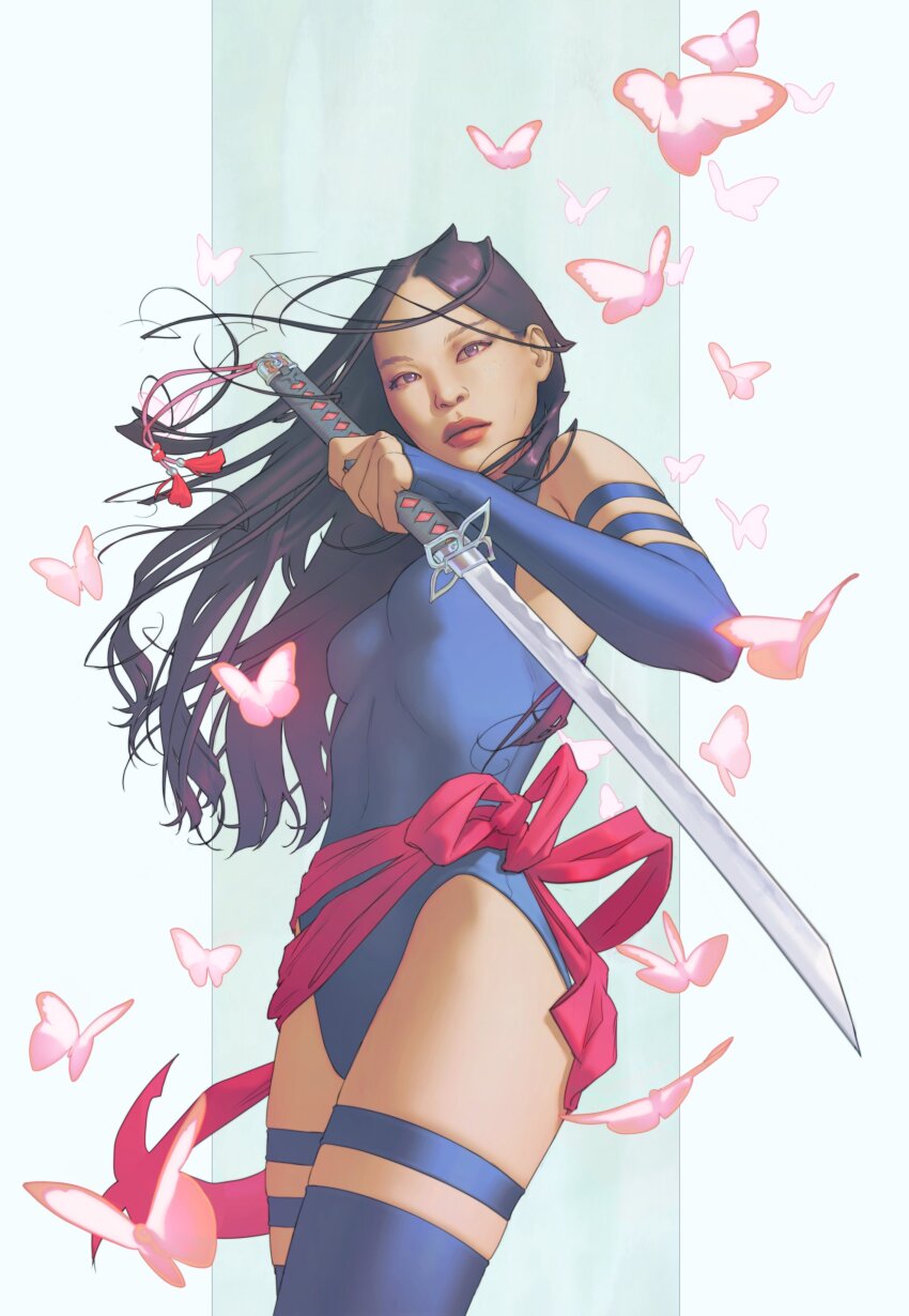 1girl absurdres asian bug butterfly detached_sleeves highres holding holding_sword holding_weapon insect katana leotard long_hair looking_at_viewer marvel pink_butterfly psylocke purple_eyes purple_leotard purple_sleeves purple_thighhighs red_sash reverse_grip sash scott_forbes solo sword thighhighs waist_sash weapon x-men