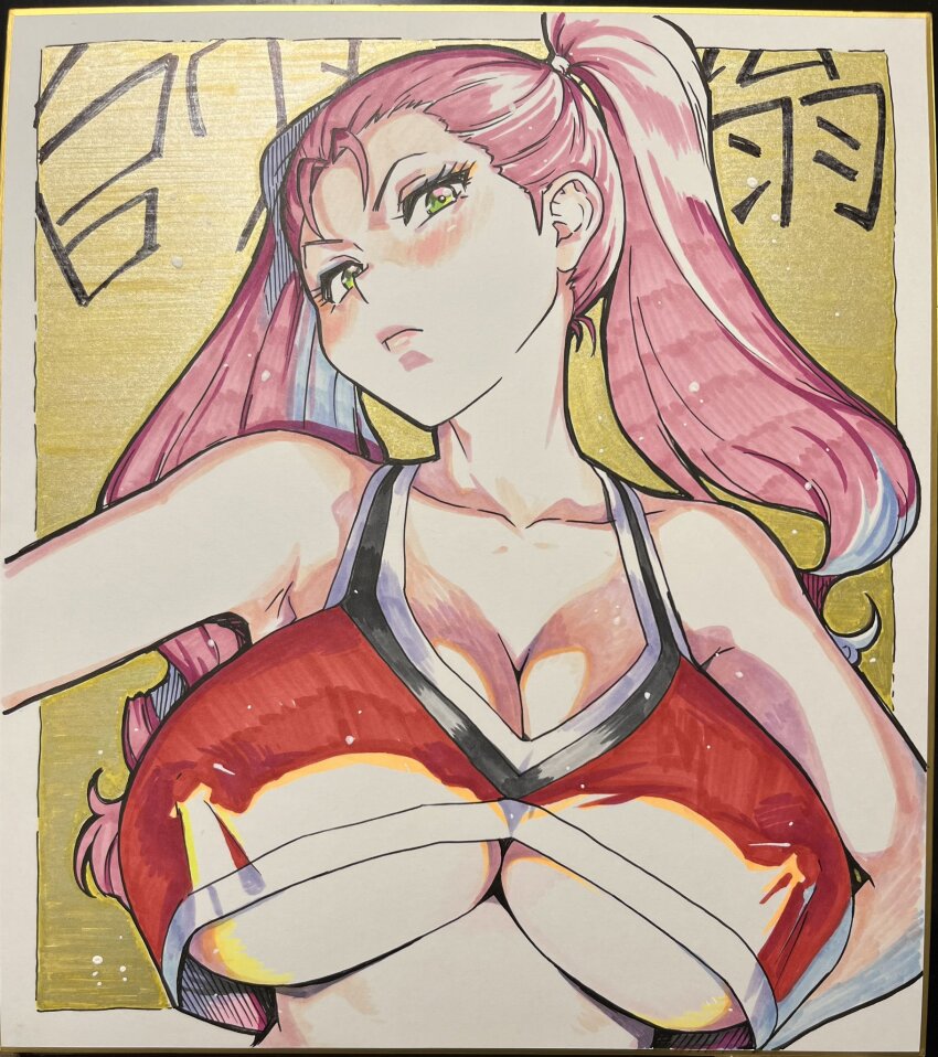1girl armpits breasts cheerleader cleavage colorized commentary_request green_eyes highres honjoumiya_tsubomi huge_breasts large_breasts long_hair peace_hame red_hair shikishi shiwasu_no_okina signed solo tagme traditional_media twintails underboob without_bra yellow_background