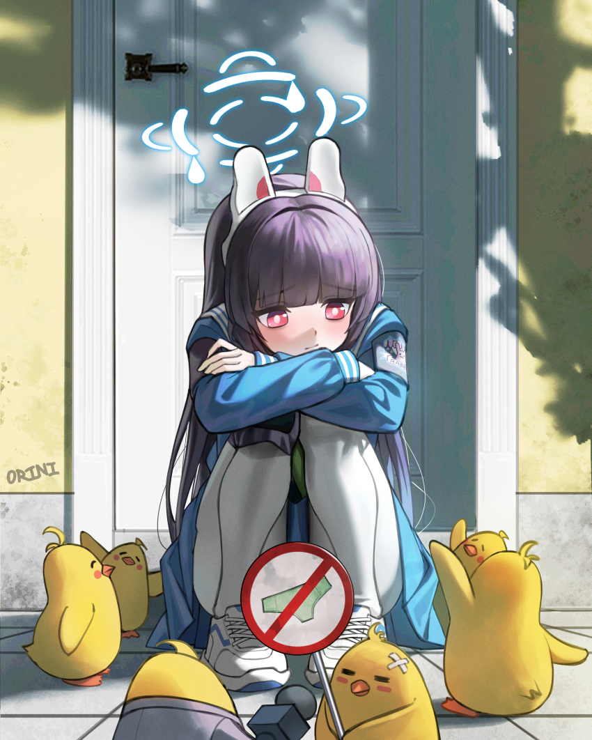 1girl absurdres animal animal_ears baby_animal bird blue_archive blue_sailor_collar blue_serafuku blue_shirt blue_skirt brown_hair censored chick closed_mouth commentary day door fake_animal_ears green_panties halo headgear highres holding holding_sign loli long_hair looking_to_the_side miyu_(blue_archive) orini outdoors panties pantyhose pleated_skirt rabbit_ears red_eyes revision sailor_collar school_uniform serafuku shirt shoes sign signature skirt sneakers solo squatting underwear very_long_hair white_pantyhose white_shoes