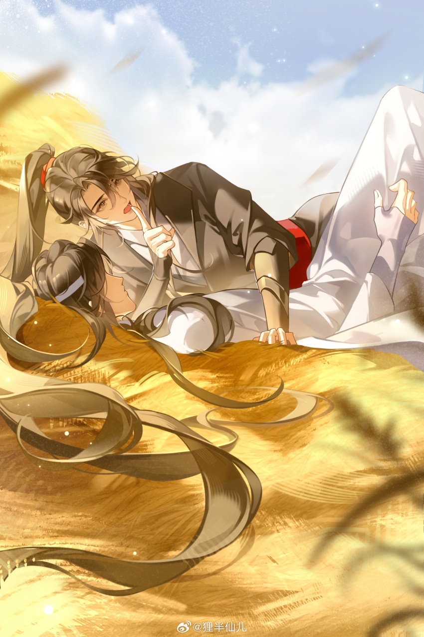 2boys aa820733 absurdres black_hair black_hanfu blue_sky blurry blurry_foreground chinese_clothes cloud commentary_request couple day finger_to_mouth grey_eyes hanfu haystack headband high_ponytail highres index_finger_raised lan_wangji light_particles long_hair long_sleeves lying lying_on_person male_focus modao_zushi multiple_boys on_back on_stomach open_mouth outdoors ponytail red_sash robe sash shushing sky sleeves_past_wrists smile very_long_hair watermark wei_wuxian weibo_watermark wheat wheat_field white_hanfu white_headband wide_sleeves yaoi