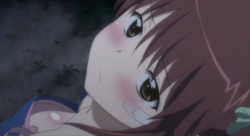 1girl bandaid bandaid_on_face blush bra bra_pull breasts cleavage clothes_pull flustered from_above half-closed_eyes highres in_heat japanese_clothes kimono kissxsis long_hair looking_at_viewer medium_breasts seductive_gaze side_ponytail solo stitched suminoe_riko third-party_edit underwear yellow_eyes