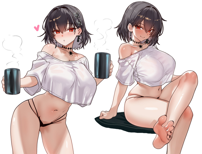 1girl absurdres azur_lane bare_shoulders barefoot black_hair black_panties blush breasts chien_wu_(all-nighter_masterpiece)_(azur_lane) chien_wu_(azur_lane) choker cleavage coffee_mug crop_top crop_top_overhang cropped_shirt crossed_legs cup earrings ebora feet hair_ornament highres jewelry large_breasts looking_at_viewer mug multiple_views navel off_shoulder panties red_eyes shirt short_hair short_sleeves sitting smile thighs underwear white_shirt